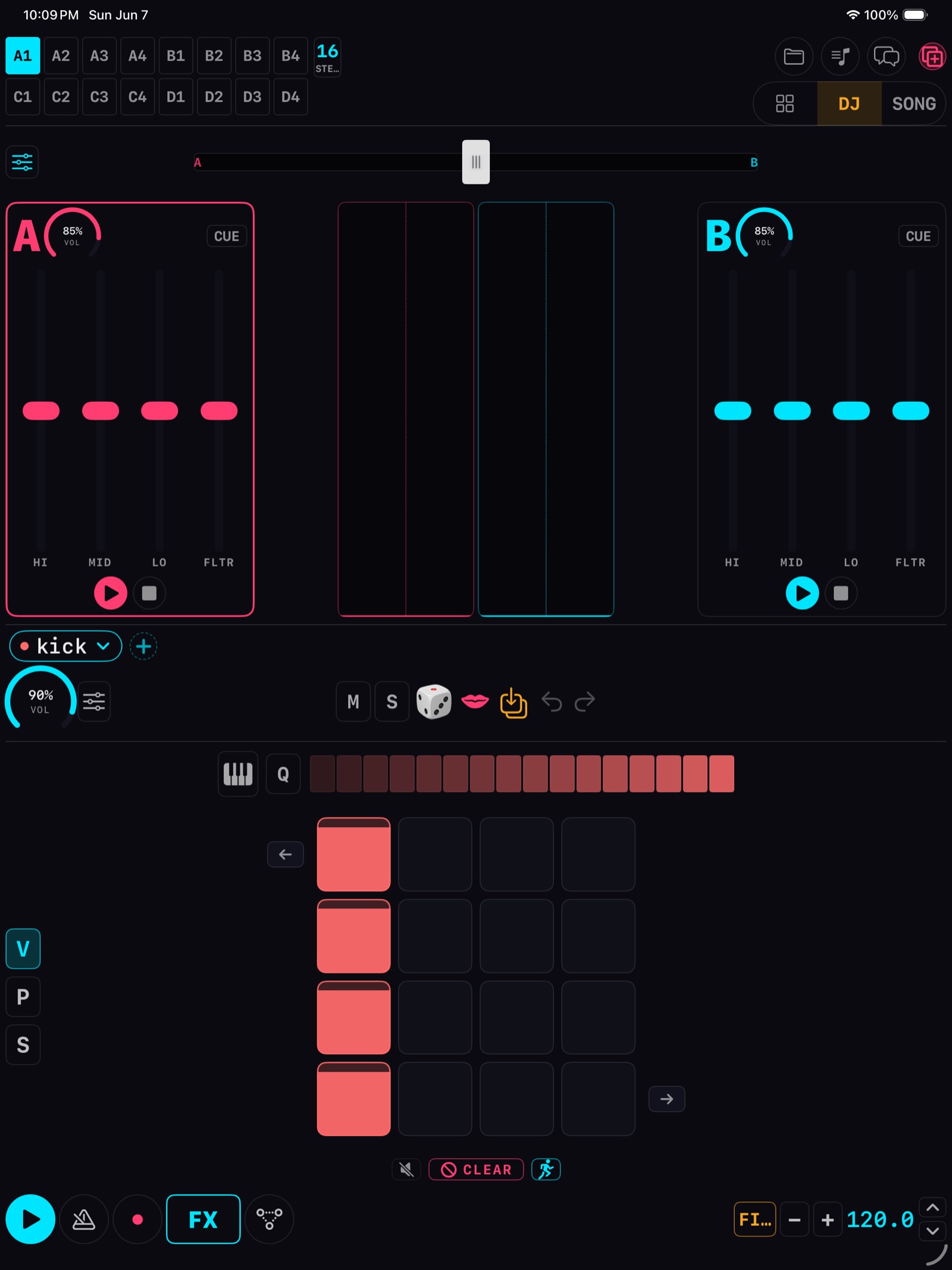 Sonyk DJ mode on iPad: two waveforms, EQ knobs, stem pads and the crossfader