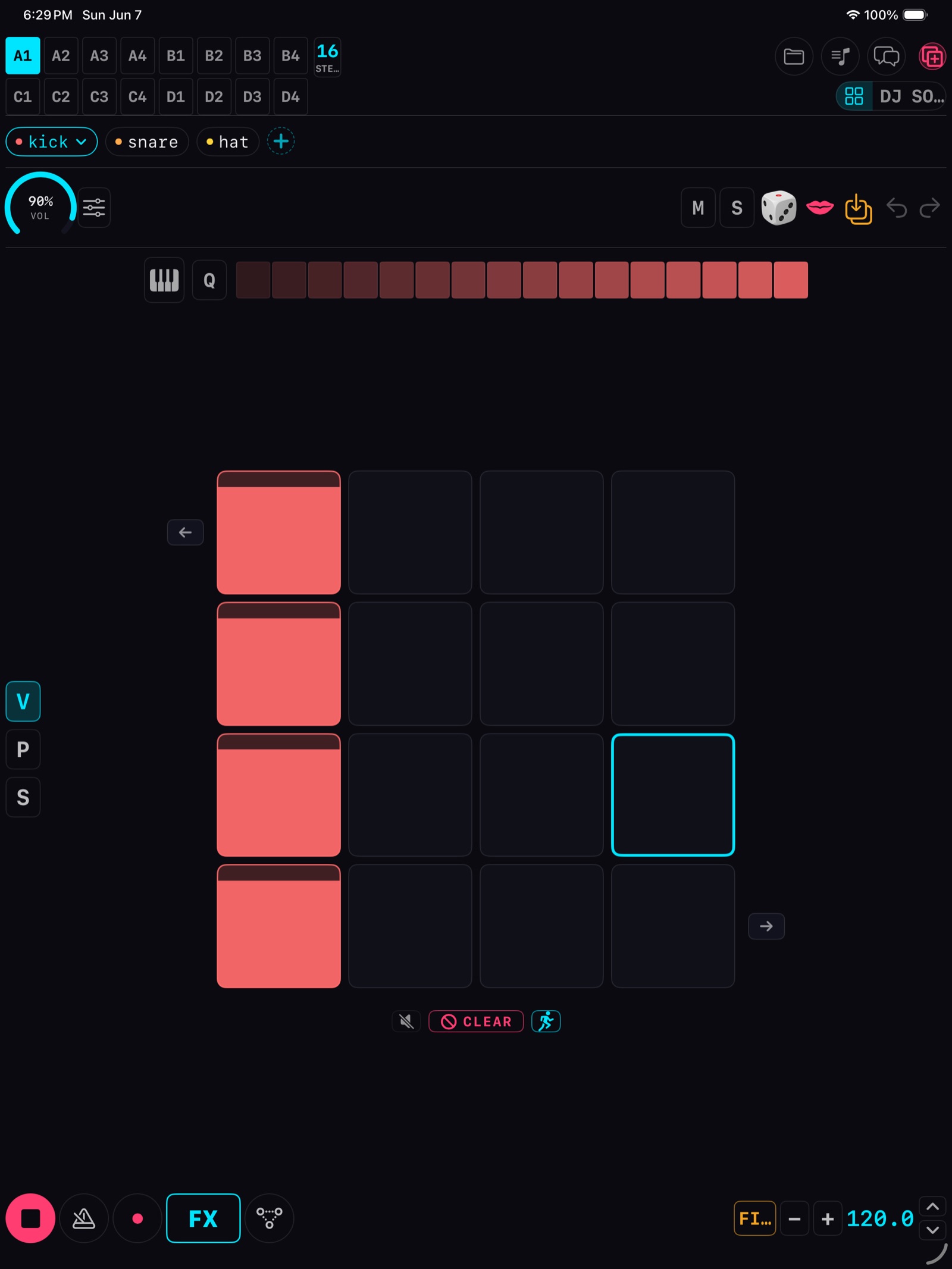 The Sonyk step grid on iPad with the 303 acid bass selected