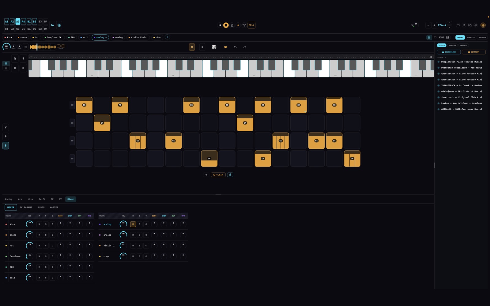 Sonyk on Mac: the sequencer grid and mixer